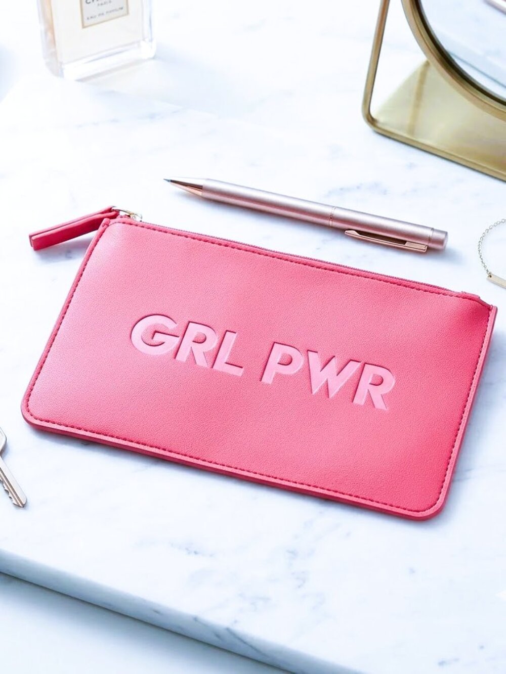 Nordstrom pink cosmetic bag pouch wallet vegan leather zippered girl power